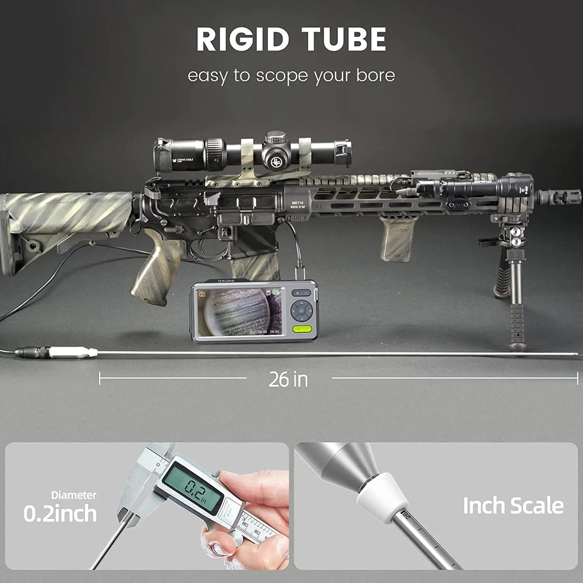 Teslong Rigid Borescopes with 5" Monitor, 26'' Rod Video Inspection Camera Hunting Bore Cam Cleaning-Fits .20 Caliber & Larger