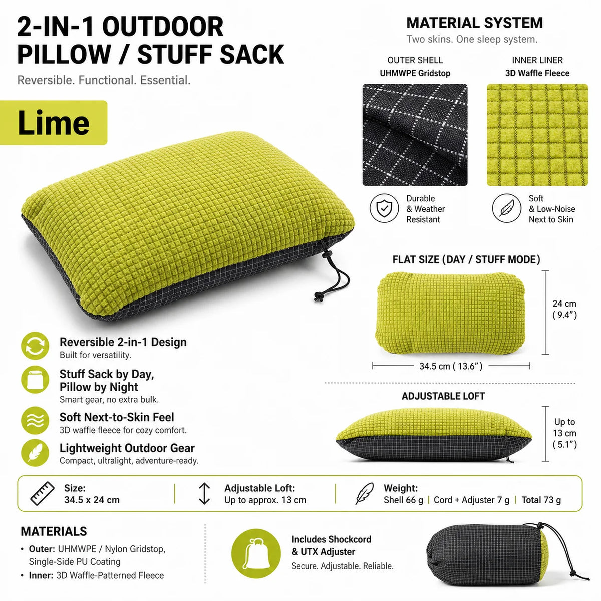 2 in 1 Reversible Stuff Sack Pillow Ultralight 73g UHMWPE Nylon 3D Waffle Fleece Camping Hiking Backpacking Pillow Storage Bag