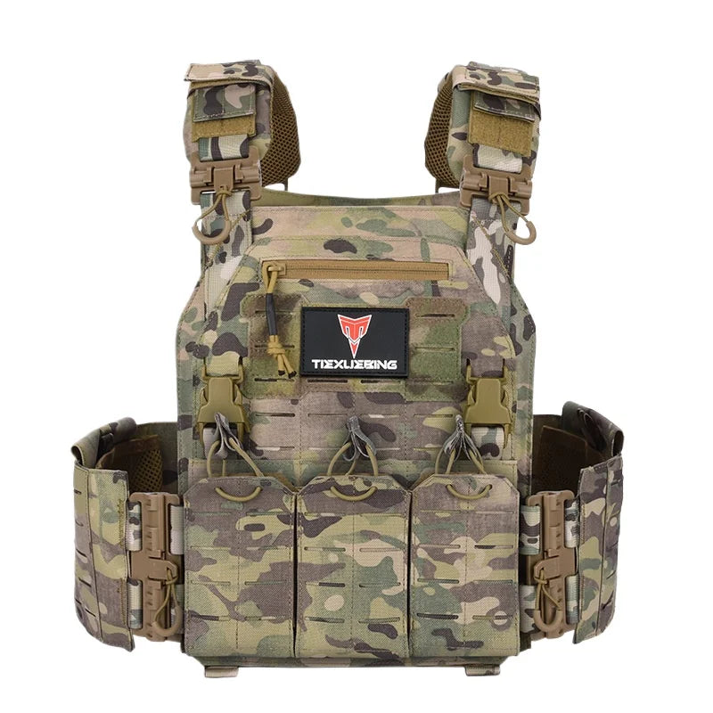 TIEXUEBING Laser Cut Tactical Carrier Vest Quick Release Adjustable Outdoor Hunting Airsoft CS Combat Vest with Triple Pouch