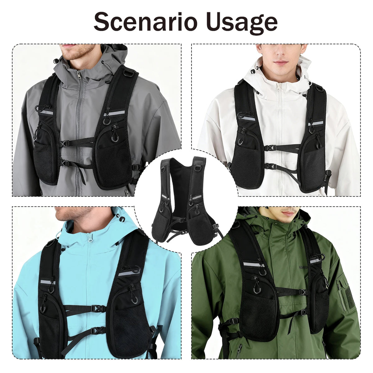 Black jacket vest with multiple pockets, quick release buckle for adjustable waist, outdoor sports reflective tape