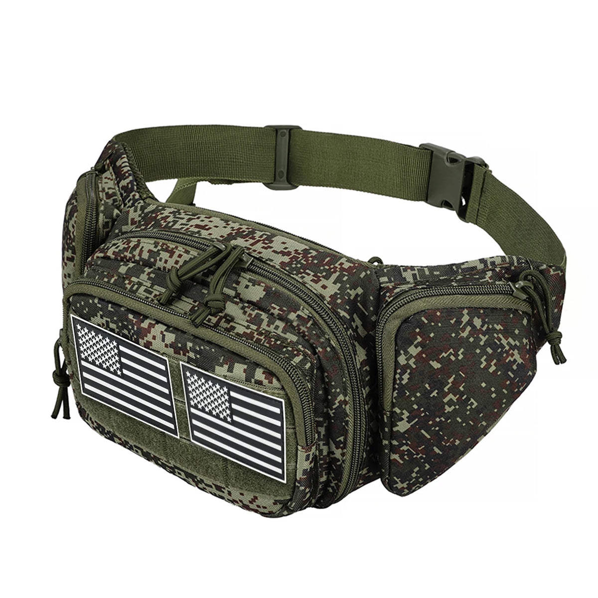 Multi pocket waist bag with adjustable waistband, breathable back, and Magic Sticky for hiking and hunting trips