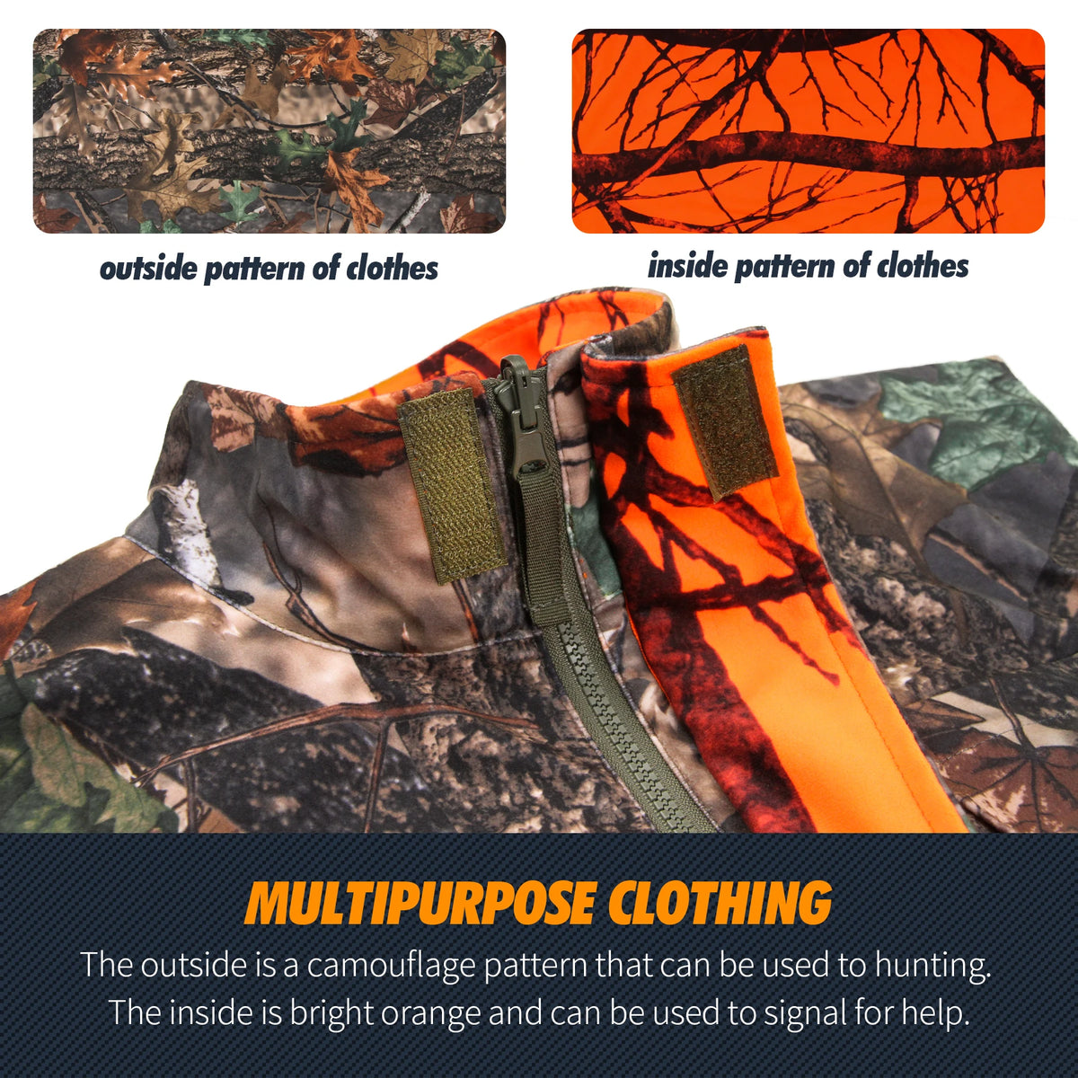 GUGULUZA Orange Camo Hunting Vest Fleece Game Waistcoat Two Side Vest Sleeveless Safety Vest Outdoor Hiking Fishing Hunting