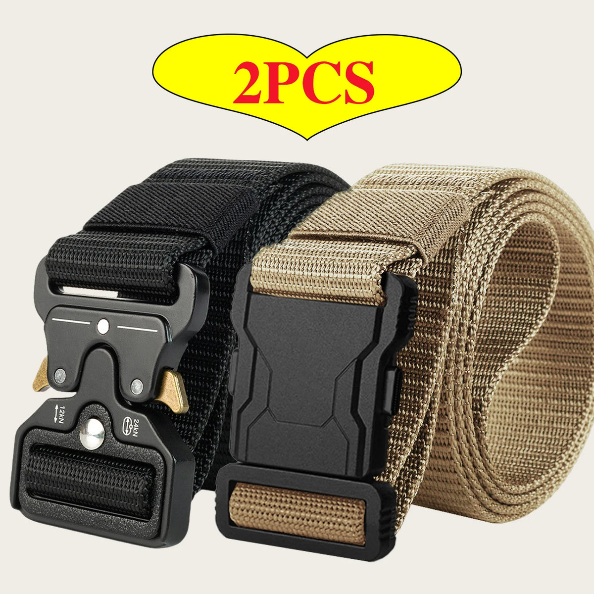 2‑Pack Tactical Nylon Belts, Quick Release Buckle Men's Outdoor Waist Belt, Versatile Casual Work Canvas Trouser Belt