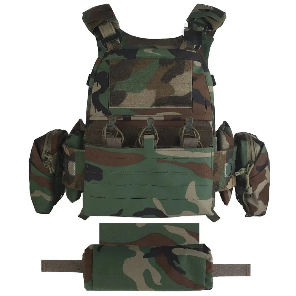 Tactical Vest Ferro Style Plate Carrier V5 FCPC Tiger Stripes with Side Pockets, Triple Magazine Pouch, Roll 1 IFAK Trauma Pouch