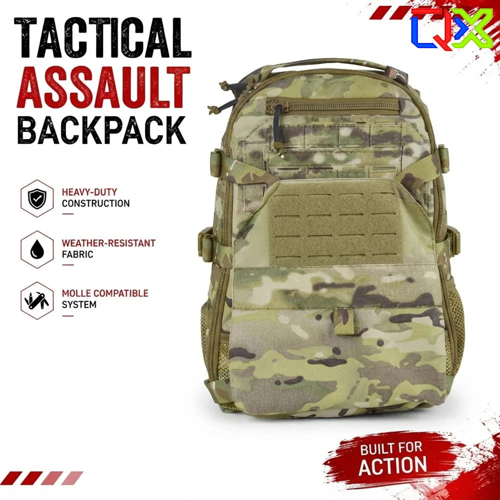 QX Tactical Assault Backpack Multi-Mission Multi-Function Daypack with Beaver Tail Expansion Outdoor Military Hiking Molle Bag
