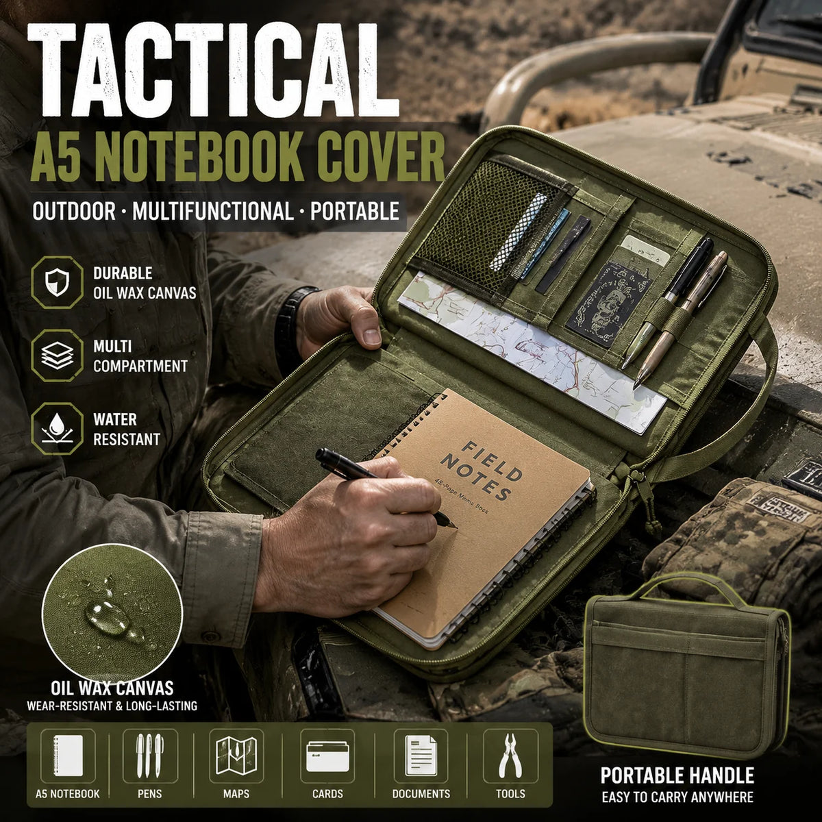 Tactical A5 Notebook Cover Oil Wax Canvas Organizer, Outdoor Journal Sleeve With Handle, EDC Writing Pad Protective Case