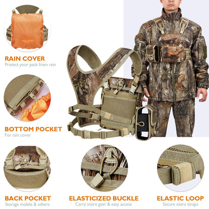 NEW VIEW Quiet Binocular Harness Chest Pack with Detachable Rangefinder Pouch, Adjustable Bino Harness & Rain Cover