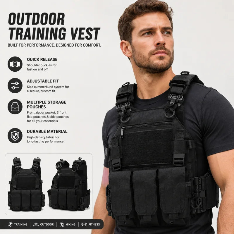 Tactical Vest Polyester Carrier with Triple Mag Pouch, Quick Release Airsoft Hunting Vest for Outdoor Training