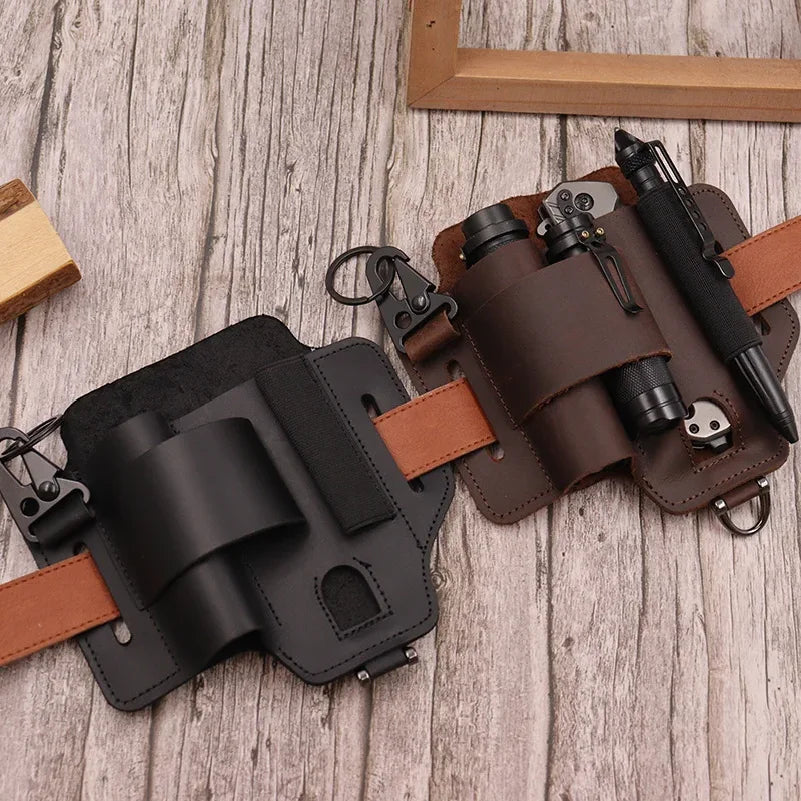 Tactical Multi Tool Belt Leather Bag Portable Tool Storage Bag Holster Key Holder Outdoor Camping Hunting Waist Leather Pocket