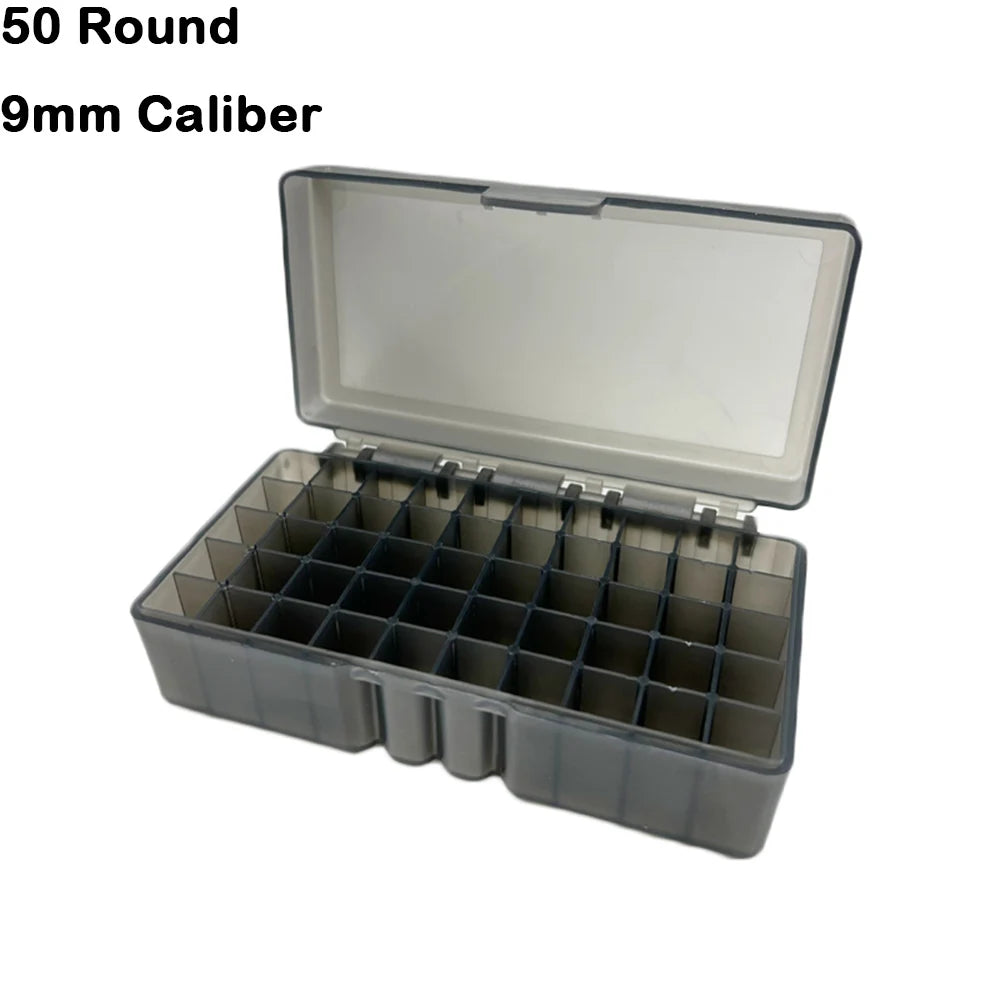 50/100 Rounds Bullet Box Gun Cartridge Shell Holder Portable Ammunition Box Flip-Top for 9mm .223 .38 Ammo Hunting Accessories