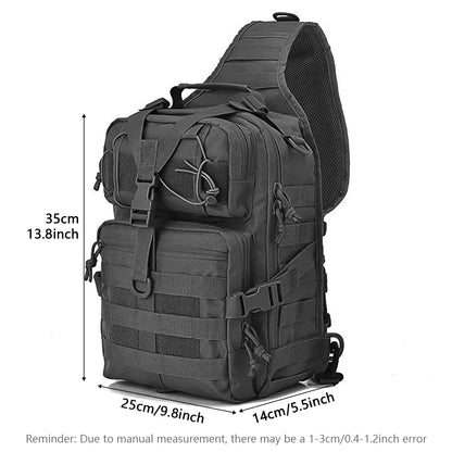 Large capacity shoulder crossbody bag and chest bag with multiple zipper compartments and MOLLE expansion system