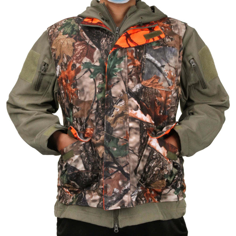 GUGULUZA M-4XL Orange Camo Hunting Vest for Men, Fleece Game Reversible Waistcoat Sleeveless Jacket Outdoor Camouflage Clothing