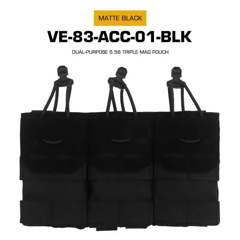 Dual Purpose 5.56 Triple Magazine Pouch MOLLE Bungee Cord Retention Tactical Vest K19 Plate Carrier Front Placard MAG Holder Bag