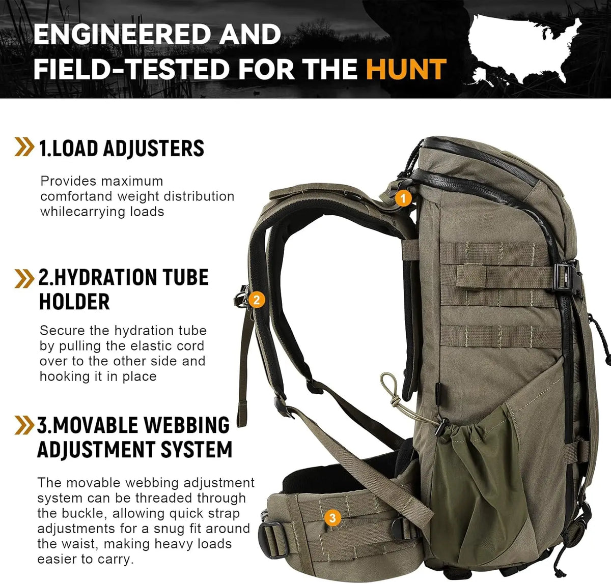 VOTAGOO Hunting Backpack with Rifle Bow Carry System Customizable Aluminum Frame 2000ci for Waterfowl Deer Hunting Outdoor