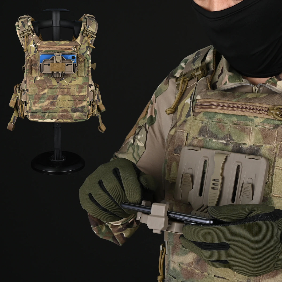 Latest Version Tactical Molle Phone Holder for Vest, Molle Phone Chest Mount Holder for Screen Size 6.0"-6.7&7.7"，Quick Release