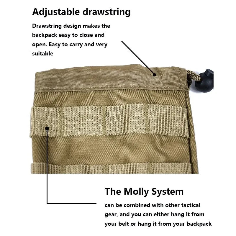 600D Tactical Small Water Bottle Bag Khaki Outdoor Hunting Bags with Multi-Function Adjustable Drawstring Molle External System