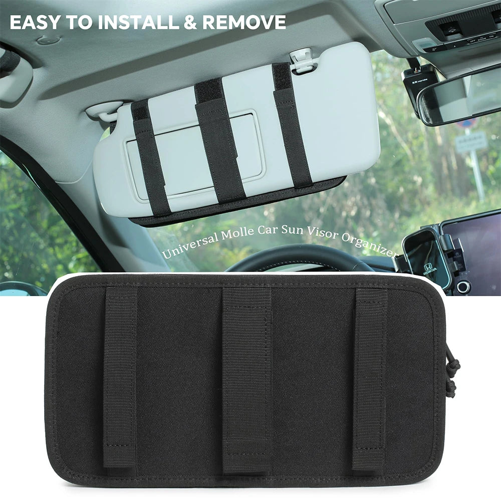Tactical Car Visor Organizer with Molle Panel Sunglasses Holder Zipper Pockets Car Sunshade Storage Clip for Truck Car Accessory