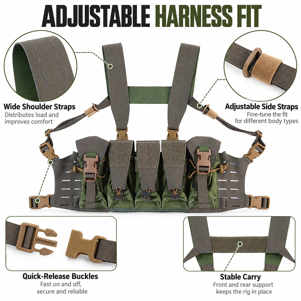 Tactical Modular Chest Rig Laser Cut MOLLE Quick Release Vest with Magazine Pouches for Airsoft Paintball Training Wargame