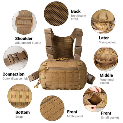 Tactical Chest Pack with Gun Holster EDC Chest Bag Utility Molle Chest Rig Pouch with Compartment Adjustable Strap Outdoor Bag