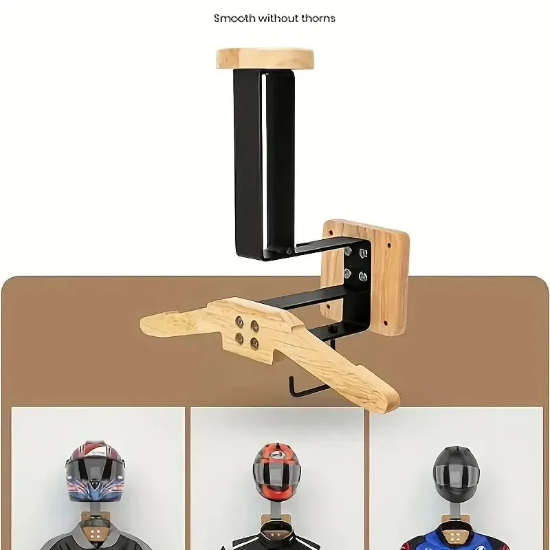 Stainless Steel Wall Mount with Wooden Motorcycle Helmet Holder for Tactical Helmets, Vests and Motorcycle Accessories Storage