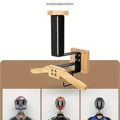 Stainless Steel Wall Mount with Wooden Motorcycle Helmet Holder for Tactical Helmets, Vests and Motorcycle Accessories Storage