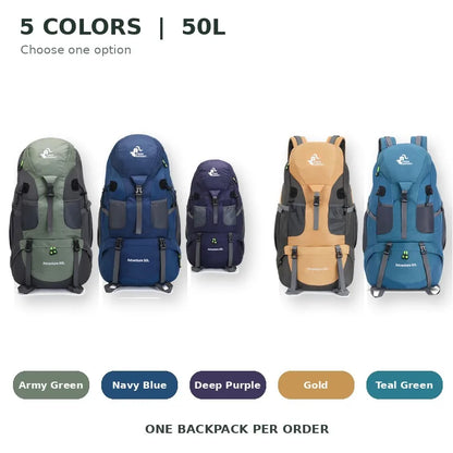 50L Hiking Backpack Water-Resistant Trekking Rucksack with Shoe Compartment Breathable Support for Camping Travel