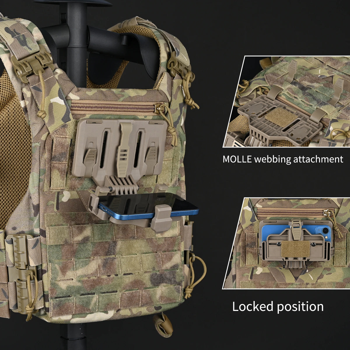 Latest Version Tactical Molle Phone Holder for Vest, Molle Phone Chest Mount Holder for Screen Size 6.0"-6.7&7.7"，Quick Release