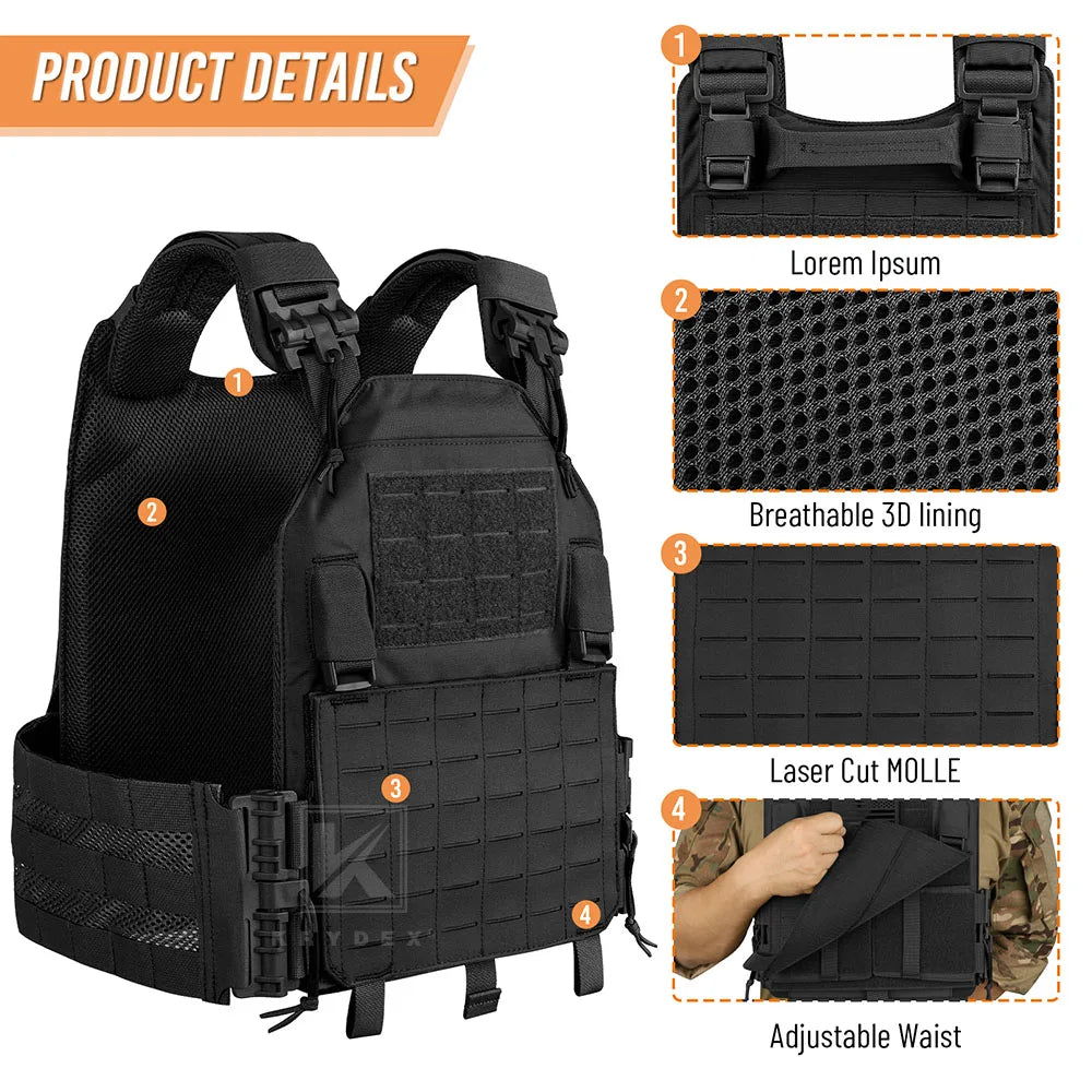 KRYDEX 500D Nylon Tactical LAVC Vest Laser Cut MOLLE Panel Hunting Paintball Outdoor Plate Carrier Vest Ranger Green Black Vest