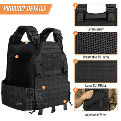 KRYDEX 500D Nylon Tactical LAVC Vest Laser Cut MOLLE Panel Hunting Paintball Outdoor Plate Carrier Vest Ranger Green Black Vest