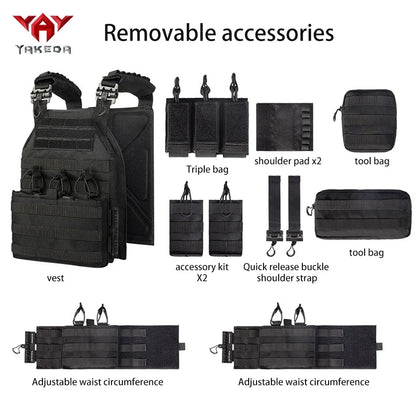 Tactical vest 6026-1 - Quick disassembly full protection vest - Laser-cut outdoor hunting style black outdoor equipment vest