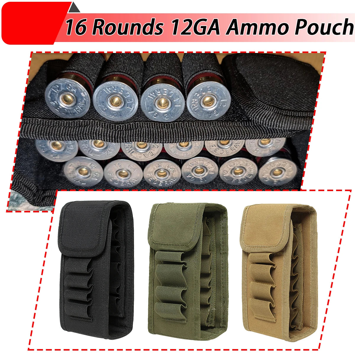 16 Rounds 12GA Shotgun Shell Holder Tactical Molle Waist Bandolier Shotshell Ammo Pouch for 12/16/20 Gauge