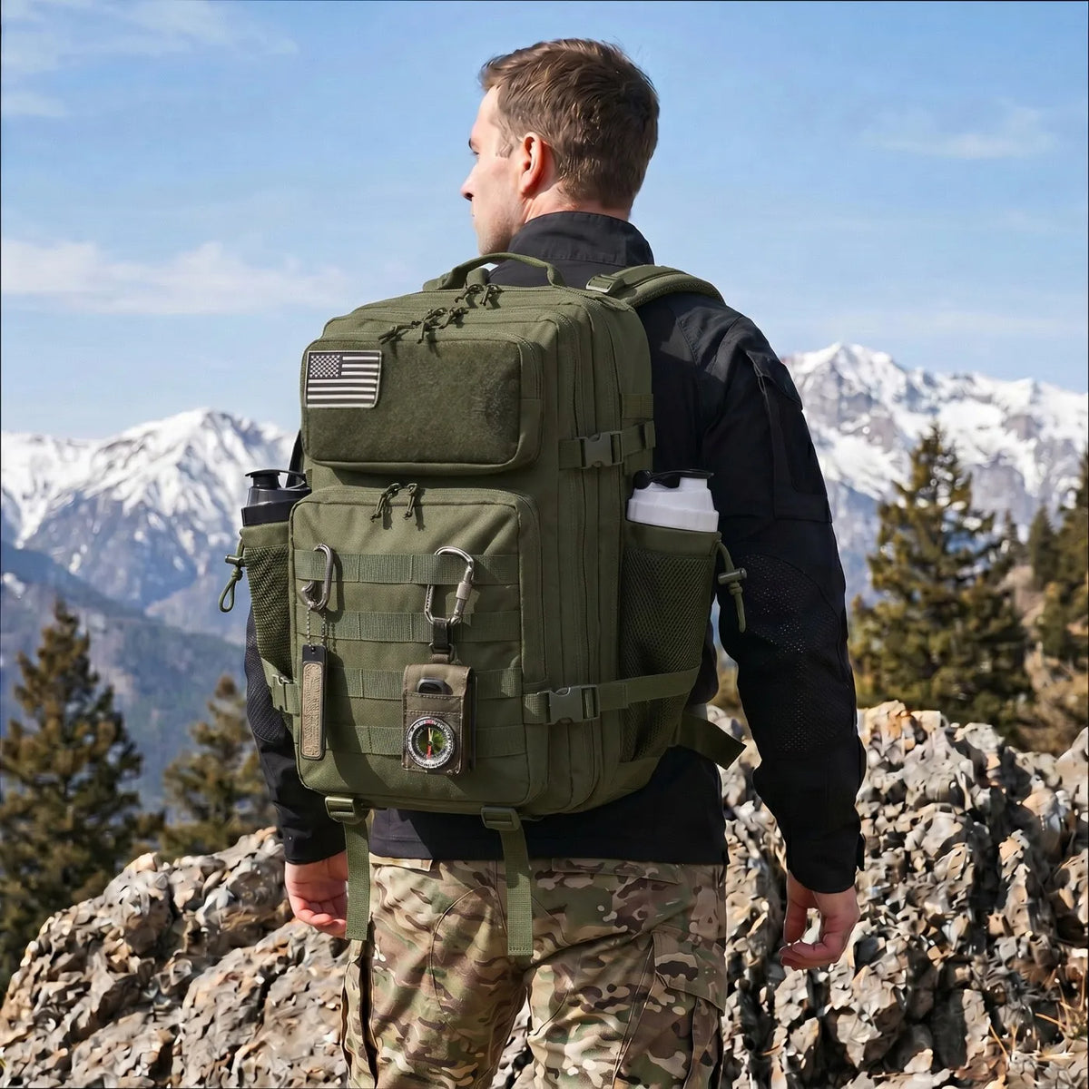 45L Large Tactical Hunting Backpack Shooting Rucksack with Dual Water Bottle Holders Outdoor Camo Hunting Gear Storage Backpack Survival Equipment Bag for Wild Shooting Hunting Trip Hiking Trekking Travel Sports EDC Daily Use Unisex Hunter Daypack