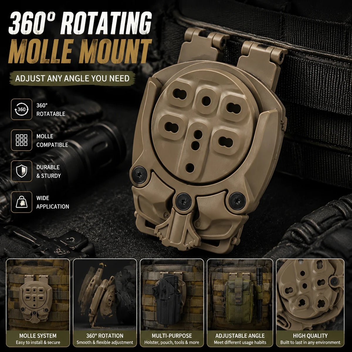 360 Degree Rotatable MOLLE Adapter Mount Tactical Gear Belt Attachment Bracket for Vest Waist Belt Outdoor Equipment