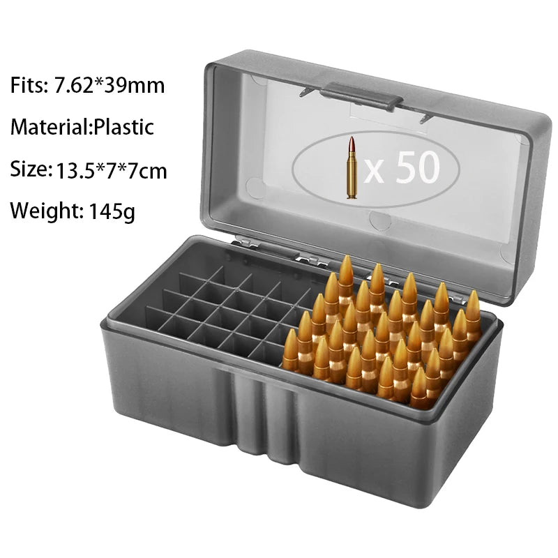 Hunting Bullets Box 7.62x39/.223/9mm 50 Rounds Ammunition Case for Cartridges Storage Ammo Holder Outdoor Shooting Accessories