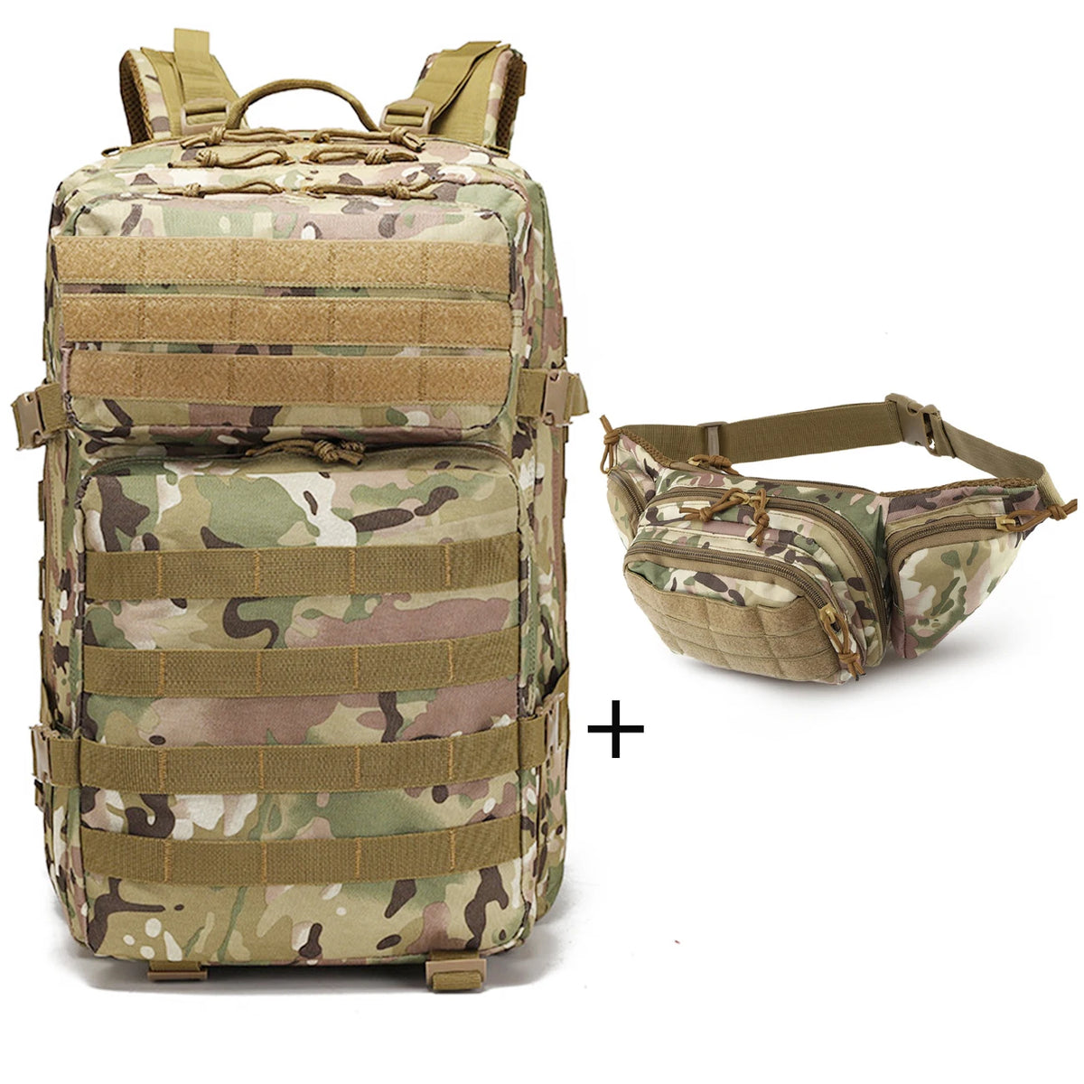Large capacity backpack+matching adjustable waist bag, rich internal compartments, strong expandability, quick buckle strap