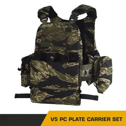 Tactical V5 PC Plate Carrier Set Ferro Style Hunting Plate Carrier Tiger with Elastic Waistband Triple Mag Pouch Airsoft Gear