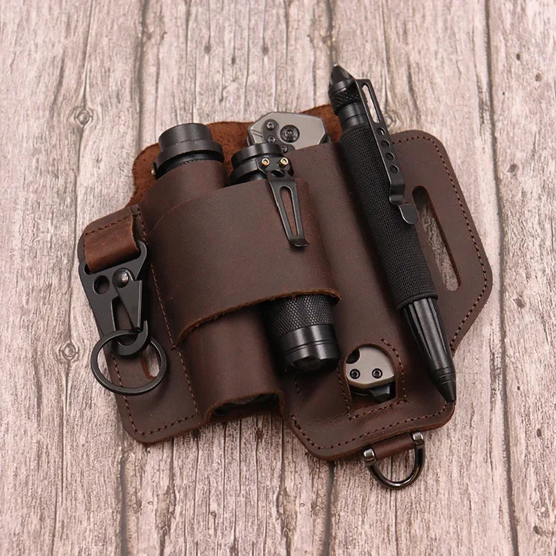 Tactical Multi Tool Belt Leather Bag Portable Tool Storage Bag Holster Key Holder Outdoor Camping Hunting Waist Leather Pocket