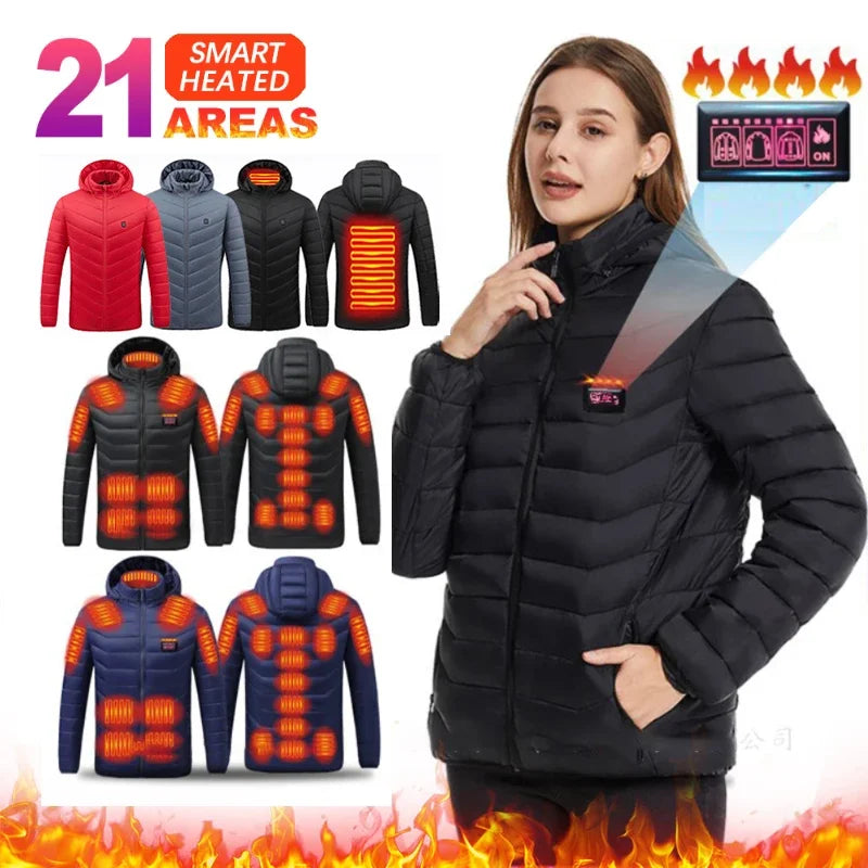 Winter Heated Jacket for Skiing & Hiking, Men Women USB Thermal Coat with 21 Heating Areas, Washed Cotton Camping Gear