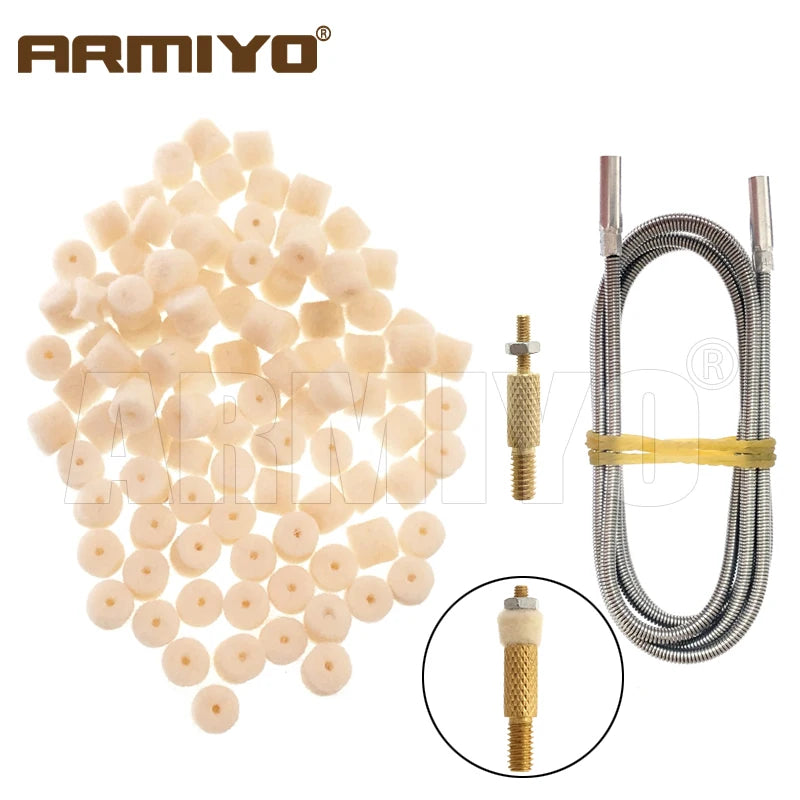 Armiyo .22/.30/.38Cal 12GA Wool Felt Pad 1m Spring Cable Male Thread 8-32 to M2.5 With Nut Hose Pipeline Cleaning Brush Hunting