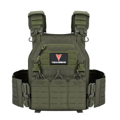 TIEXUEBING Laser Cut Tactical Carrier Vest Quick Release Adjustable Outdoor Hunting Airsoft CS Combat Vest with Triple Pouch