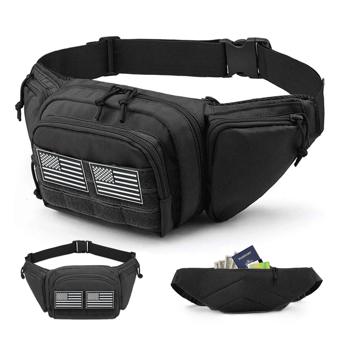 Multi pocket waist bag with adjustable waistband, breathable back, and Magic Sticky for hiking and hunting trips