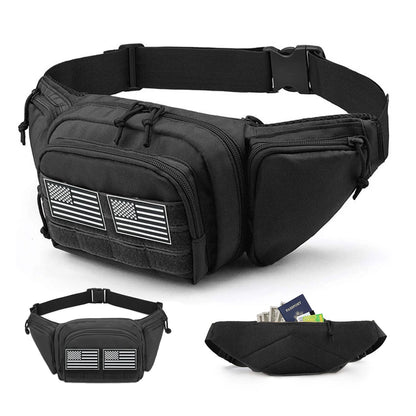 Multi pocket waist bag with adjustable waistband, breathable back, and Magic Sticky for hiking and hunting trips