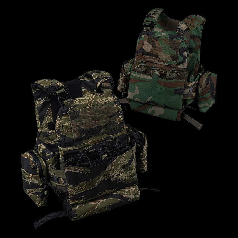Tactical V5 PC Plate Carrier Set Ferro Style Hunting Plate Carrier Tiger with Elastic Waistband Triple Mag Pouch Airsoft Gear