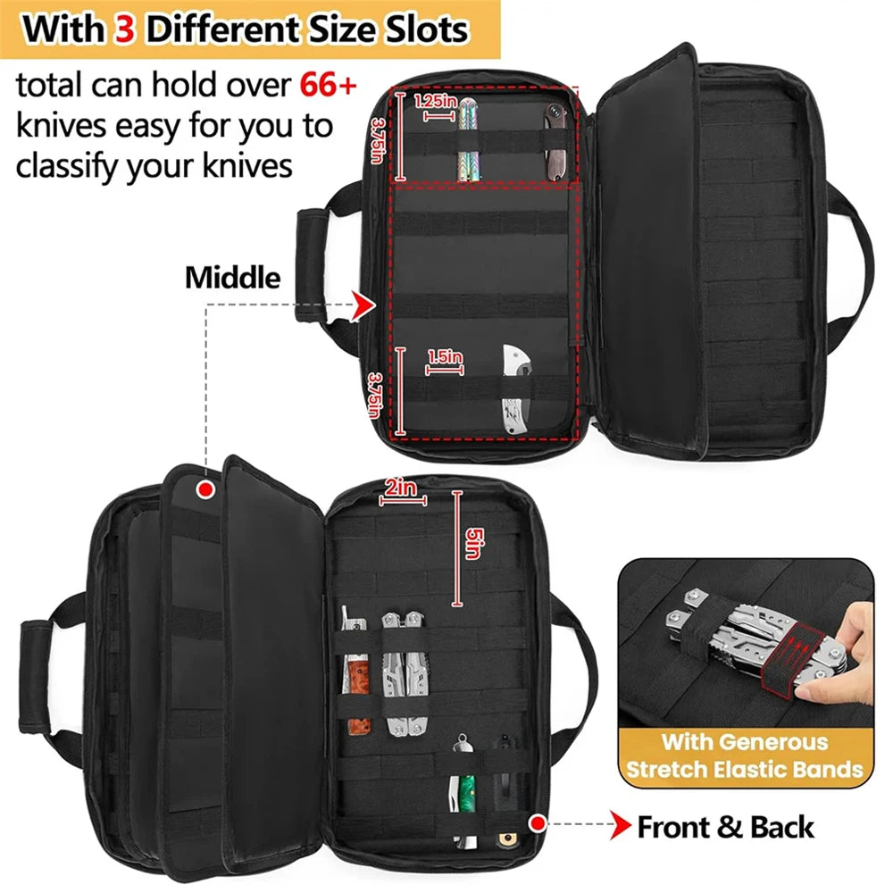 Tactical Knife Storage Bag Knives Display Bag 74+ Pocket Knife Organizer Soft Storage Case with 3 Different Size Slots