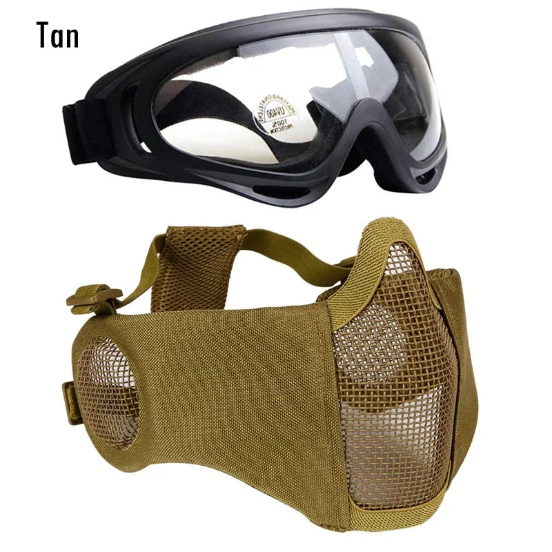 Tactical Airsoft Mask + Goggles Set Half Face Mesh Mask with Ear Cover Paintball Shooting CS Survival Games Cosplay