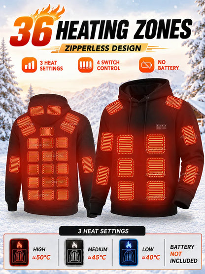 Heated Jacket Men Hoodie with 36 Heating Zones and 3 Customizable Temperature Levels, Ideal for Winter Fishing, Up to 50 Celsius