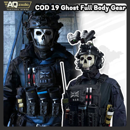 Airsoft Call of Duty 19 Cosplay Night Raid Ghost Tactical Full Set of Equipment, Ghost Tactical Mask Tactical Vest & Hemlet Set
