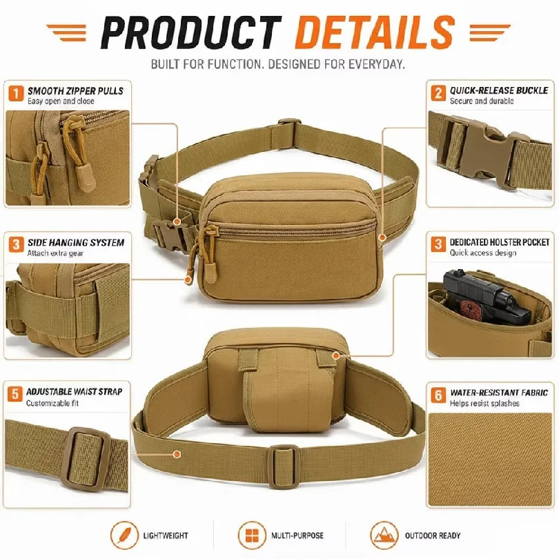 Tactical Waist Fanny Pack Concealed Carry Pistol Gun Bag Anti-Theft Hidden Gun Hip Bag Crossbody EDC Tool Bag for Hunting Hiking