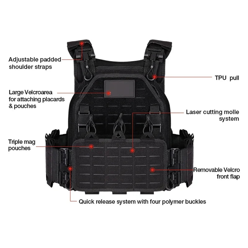 High Density Tactical Vest Molle Combat Plate Carrier with Quick Release Buckle for Men Outdoor Hunting Gear