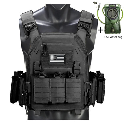 Outdoor camouflage vest with modular pockets and 1.5-liter water bag, suitable for hiking and exploration